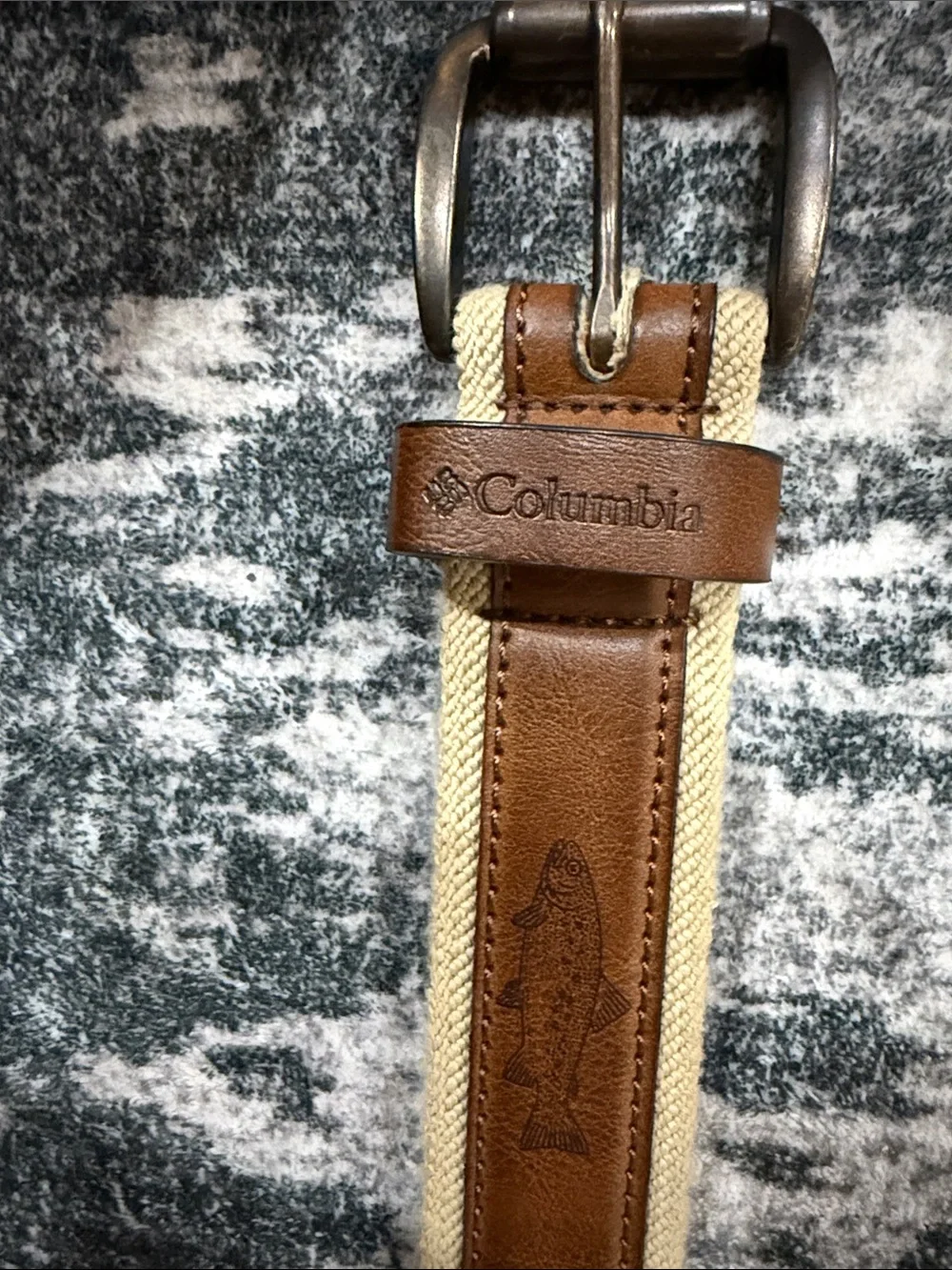 Columbia Fishing Canvas & Leather Men's Belt - Cream with Brown Trim and Fish